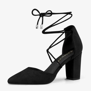 Allegra K Black Pointed Toe Lace-Up Block Heel Pumps